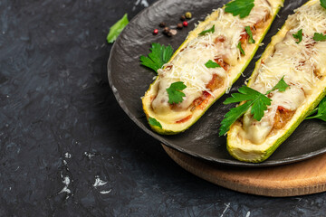 Zucchini stuffed with meat on a dark background. Ketogenic diet meal. place for text, top view