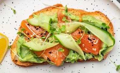 sandwich with cream cheese, salmon, avocado, cucumber, tomato and greens on a light background. Keto breakfast or brunch. banner, menu, recipe place for text, top view