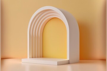 Pastel, light, citrus yellow 3D rendering luxurious product display podium or stand minimal composition with golden arch line in background and light. Generative AI