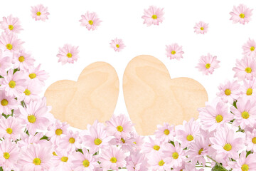 Composition of two hearts and flowers on a white background.