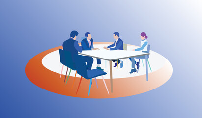 Politicians or corporate officers group authority people talks sitting at round table.  Flat vector illustration.