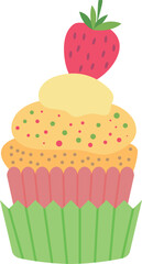Cream cupcake with strawberry on top. Sweet dessert flat icon