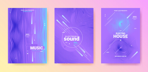 Dance Music Flyer. Electro Party Poster. Vector Dj Background. Gradient Distort Waves. Blue Purple Dance Music Flyer. Geometric Fest Banner. Techno Sound Cover. Dance Music Flyer Set.
