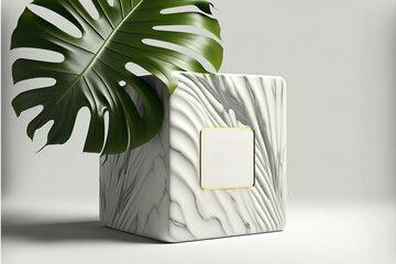 White marble Square podium in white background. decor by monstera leaves and blank Brand product mockup scene stage for ads product, sale, banner, presentation, cosmetic, offer. Generative AI