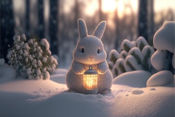 rabbit in the snow with lantern. cute bunny winter scene miniature