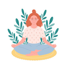 Woman sitting in lotus pose and meditating on mat. Mental health care, relaxation, recreation, yoga practicing. Hand drawn vector illustration