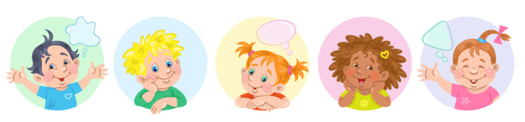 Happy kids. Collection of five avatar icons. Three of them with speech bubbles. In cartoon style. Isolated on white background. Vector illustration.