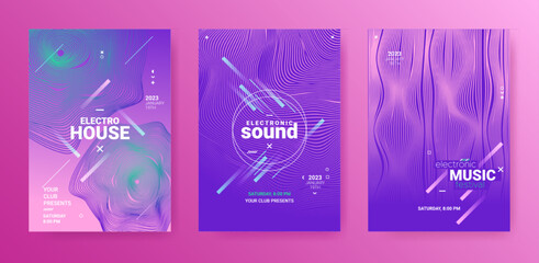 Psychedelic Abstract Dj Flyer. Electro Sound Poster. Techno Dance Cover. Vector 3d Background. Edm Abstract Dj Flyer. Minimal Festival Banner. Gradient Distort Waves. Geometric Dj Flyer Set.
