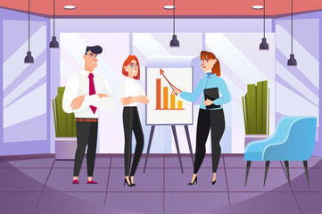 Startup team concept with people scene in the background cartoon style. Team of people depicting the development of a new startup on a flip chart.