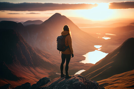 Female Hiker stands at the summit of a difficult mountain climb to be greeted with a beautiful view of the sunrise. 