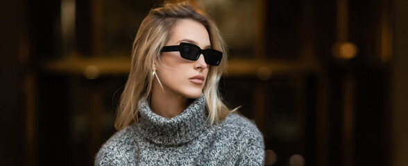 stylish woman in sunglasses and grey sweater looking away in New York, banner