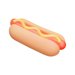 Hot dog 3d icon. Sausage in a cut bun with sauce. Isolated object on transparent background
