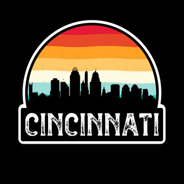 Cincinnati Ohio USA Skyline Silhouette Retro Vintage Sunset Cincinnati Lover Travel Souvenir Sticker Vector Illustration SVG EPS