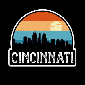 Cincinnati Ohio USA Skyline Silhouette Retro Vintage Sunset Cincinnati Lover Travel Souvenir Sticker Vector Illustration SVG EPS
