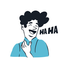 Laughing Man with blue shirt. Smiling person. Haha text. Facial expression, human emotion concept. Cartoon comic style. Cute funny character. Hand drawn Vector illustration. Avatar, print template