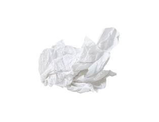 Single white screwed or crumpled tissue paper or napkin in strange shape after use in toilet or restroom isolated on white background in png file format.
