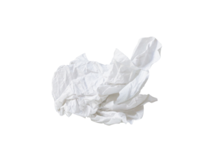 Single white screwed or crumpled tissue paper or napkin in strange shape after use in toilet or restroom isolated on white background in png file format.