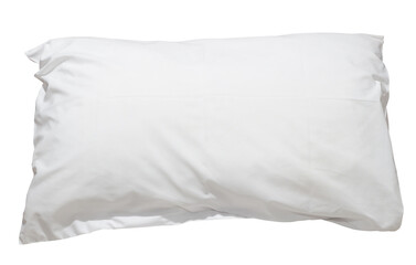 White pillow with case after guest's use at hotel or resort room isolated on white background in...