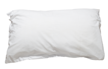 White pillow with case after guest's use at hotel or resort room isolated on white background in png file format, Concept of confortable and happy sleep in daily life