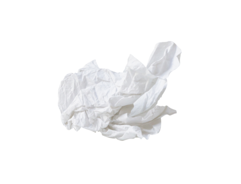 Single white screwed or crumpled tissue paper or napkin in strange shape after use in toilet or restroom isolated on white background in png file format.