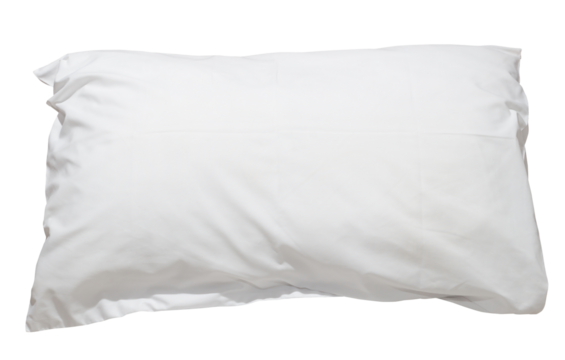 White pillow with case after guest's use at hotel or resort room isolated on white background in png file format, Concept of confortable and happy sleep in daily life