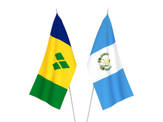 National fabric flags of Saint Vincent and the Grenadines and Republic of Guatemala isolated on white background. 3d rendering illustration.