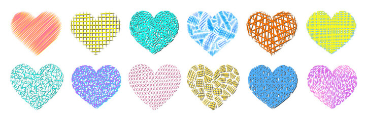 Hearts doodles set. Valentines day hearts. 90s style stickers. Romantic stickers collection. Love, romance, wedding, marriage. Valentines day sketches. Hearts scribbles.