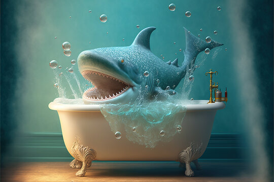 Surreale Illustration, Hai in der Badewanne, Generative AI 