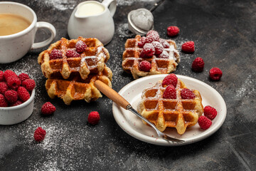 Belgian waffles with raspberries with sugar powder in a freeze motion of a cloud of powder midair, served with jug of milk. Delicious breakfast or snack. Long banner format