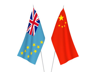 National fabric flags of China and Tuvalu isolated on white background. 3d rendering illustration.