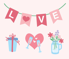 Set of sticker elements for valentine's day, romantic date and wedding. Garland with love lettering, present, pink wine glasses and flowers in a vase.