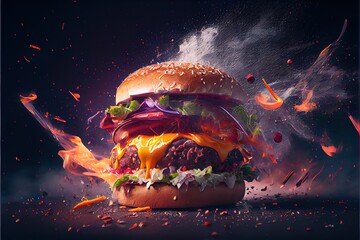 Hamburger, burger exploding photoshoot, macro photography food, food photography, a burger with extra cheese, cheesy, smoked grilled burger, jumbo burger, Generative AI