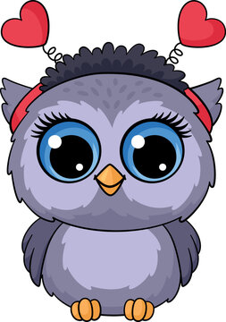 Cartoon owl in heart headband. Romantic funny bird