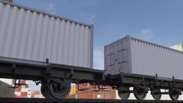 White shipping cargo containers for logistics and transportation. Cargo train with blank white containers