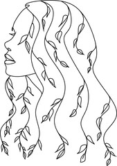 Self love Woman with flowers on head Feminine Floral Face illustration Minimalist line logo Modern black and white art