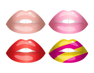 Beautiful bright sexy female lips in red, pink, beige colors, with a yellow-pink stripe print. Set of isolated vector illustrations