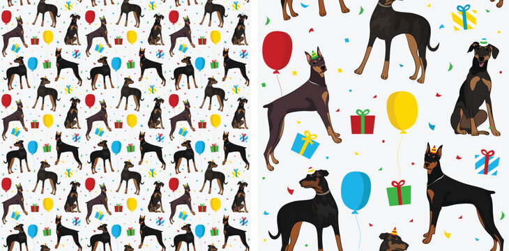 Happy Birthday Pattern with Doberman dog in a party hat, seamless texture. Repeatable textile, wrapping paper, white background graphic design. Holiday wallpaper with sitting painted dogs, confetti