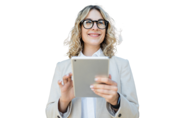 A woman smiling with glasses uses an office employee, isolated transparent background.