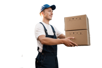 Male courier delivery carton box insulated transparent background.