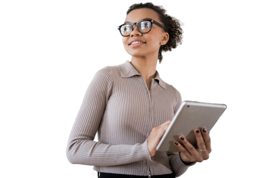 A woman smiling with glasses uses an office employee, isolated transparent background.