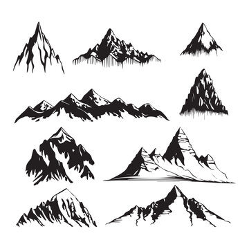 Set of mountais shapes isolated on white background. Sketch and hand drawn mountain peaks set collection