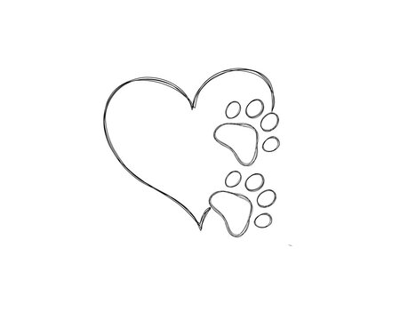 Dog footprints line art print. Dog's paw in the heart - love for a pet . Paw doodle illustration