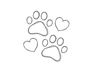 Obraz premium Dog footprints line art print. Dog's paw in the heart - love for a pet . Paw doodle illustration 