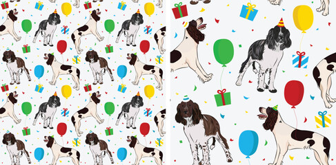 Happy Birthday Pattern with Springer Spaniel dog in a party hat, seamless texture. Repeatable textile, wrapping paper, white background graphic design. Holiday wallpaper with sitting dogs, confetti