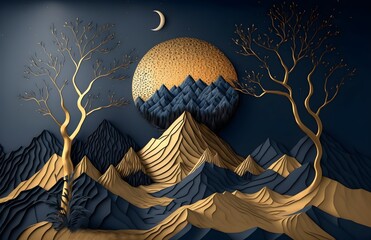 3d modern art mural wallpaper with dark blue background. golden tree and mountains, golden moon. dark landscape background and clouds and colorful mountains. for home wall decoration  - obrazy, fototapety, plakaty