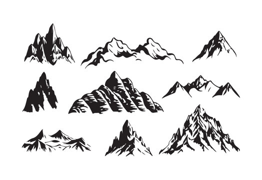 Set of mountais shapes isolated on white background. Sketch and hand drawn mountain peaks set collection