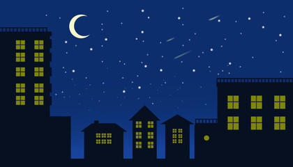 Fototapeta premium night sky with stars and moon clouds rising in the white city. Vector of a crescent moon with stars on a cloudy night sky. Moon and stars blue night background.