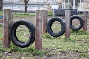 Structures from old tires in the park for walking dogs. Dog park