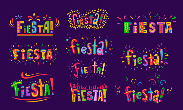 Fiesta party greeting Mexican party celebration lettering set vector flat illustration