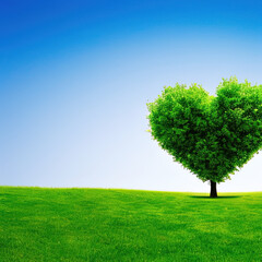 Plakat Heart shaped tree on lawn in sunny day - generative ai